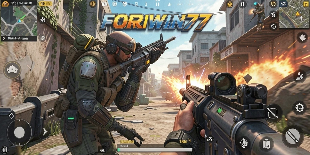 Tangkapan layar utama <strong>FORWIN77</strong> menampilkan aksi tembak-menembak yang intens di arena gaya TPS.