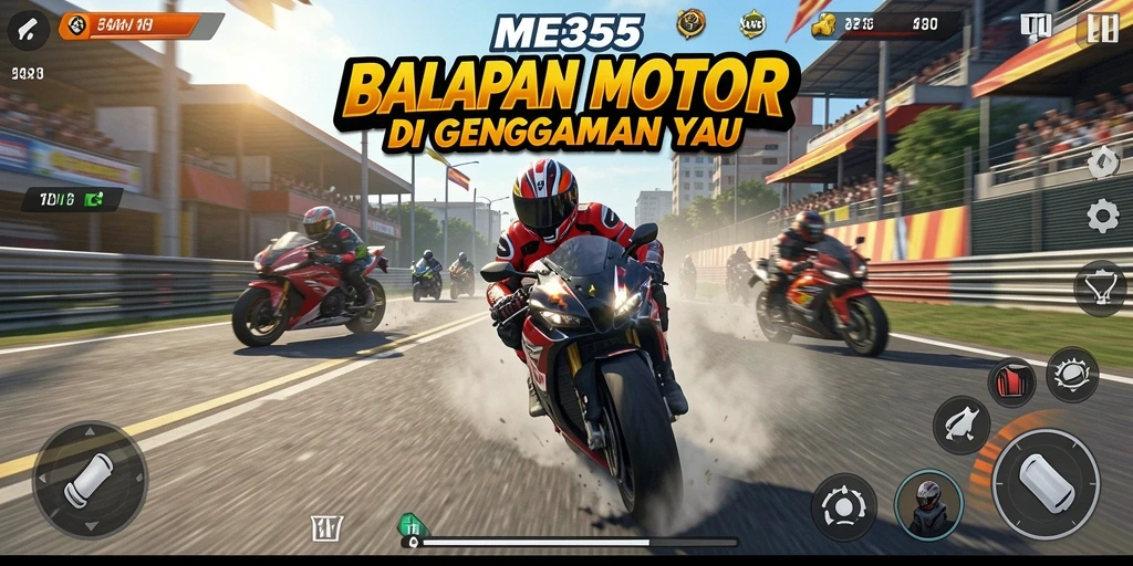 Tangkapan layar gameplay ME355 yang menunjukkan aksi balapan motor yang intens.