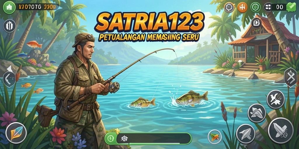 Screenshot SATRIA123 menampilkan pemain yang sedang memancing di danau yang cantik.