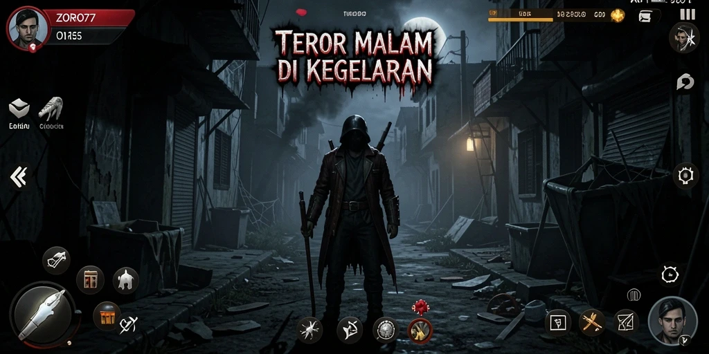 Screenshot gameplay ZORO77 yang menggambarkan suasana horor yang mencekam.